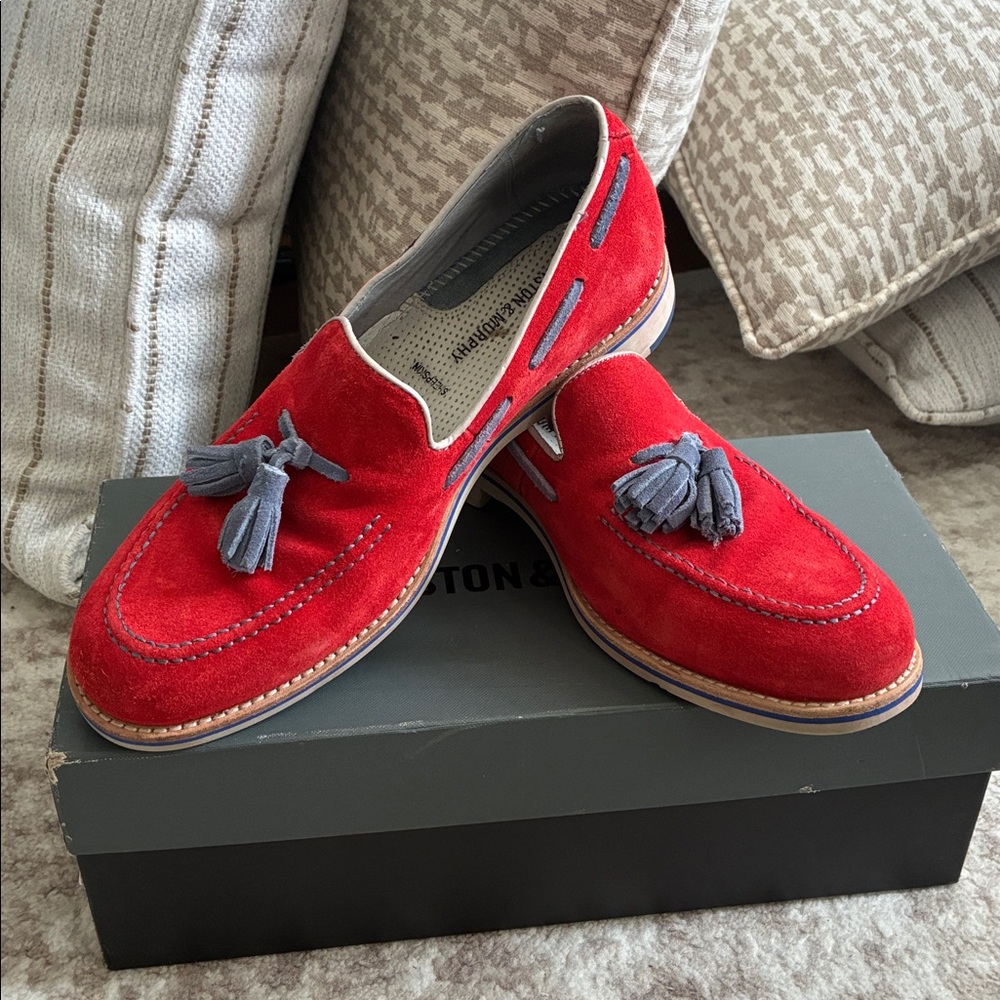 Johnston and Murphy Ellington Red Suede Loafers with blue Tassels